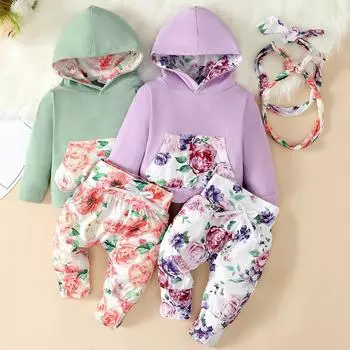 Комплект из трех предметов с капюшоном и длинными рукавами и цветочным принтом для маленьких девочек, брюки и повязка на голову 18-24M