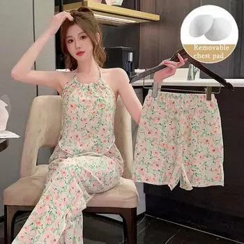 Комплект из трех предметов уличной домашней одежды для женщин с накладками на грудь, подтяжки, пижамы, летние пузыри Zou, сломанные цветы M