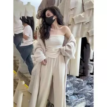 Комплект из трех предметов в стиле ленивого стиля в Гонконге, женский осенний длинный свитер, куртка, нестандартный топ-труба, трикотажные брюки, повседневный костюм S