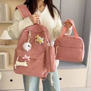 Комплект из трех рюкзаков для школьников младших классов, вельветовый женский рюкзак большой вместимости с сумкой для ланча, сумка для ручек зелёный