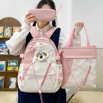 Комплект из трех рюкзаков для учеников начальной и средней школы, школьный рюкзак с цветными блоками и рисунком для женщин, рюкзак большой вместимости зелёный