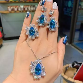 Комплект из трех серег с циркониевым жемчугом, серьги, ожерелье с бриллиантами цвета морской волны, красочное драгоценное кольцо.