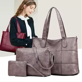 Комплект из трех сумок, большая вместительная сумка-тоут для женщин, мягкая кожаная сумка на плечо, сумка для мамы, сумка через плечо, кошелек для монет красный