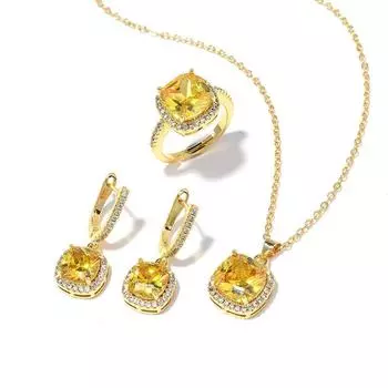 Комплект из трех украшений из цветного циркония, квадратные серьги для повседневных поездок, комплект из трех колец и ожерелья open ring three-piece set золотой