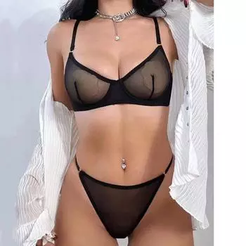 «Комплект из ультратонкого сетчатого кружевного бюстгальтера и стрингов — сексуальный, прозрачный, для большой груди» XL