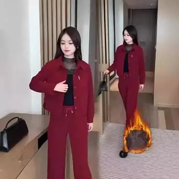 Комплект из утолщенного вельвета с бархатом для женщин, большой размер, повседневный, облегающий и повседневный комплект из двух предметов M чёрный