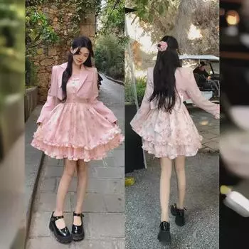 Комплект из жакета с бантом больших размеров, юбки с цветочным принтом и серег M