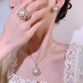 Комплект из жемчуга, имитация натурального пресноводного жемчуга, кольцо с подвеской, серьги-гвоздики из серебра 925 пробы с жемчужными иглами, двухцветное гальваническое покрытие