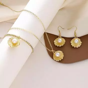 Комплект из жемчужного ожерелья, браслета и серег в корейском стиле – универсальная цепочка из 3 предметов для женщин на ключицу 3-piece set золотой