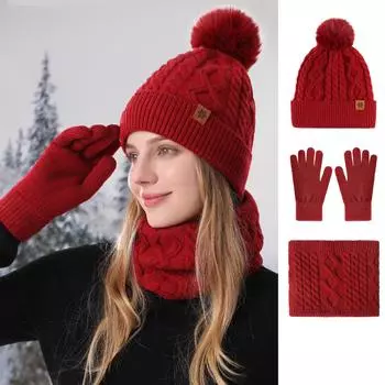 Комплект из зимней шапки, шарфа и перчаток для велоспорта - двухслойный бархат, плотная вязка M8 хизер серый