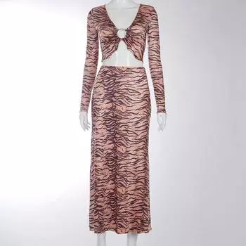 Комплект Юбка Европейская и Американская Женская Одежда 2023 Осень Новое Поступление Тигровый Узор Кольцо Деревянное Ухо Укороченный Топ Длинная Юбка Костюм Юбка с Длинным Рукавом Brown S