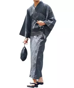 Комплект Юката Rochelle Shingen Складной и Размер талии S Чернила Ива Легко надевать Юката Лето Однотонный Японский Мужской 6 предметов (Юката, Оби, Гэта, Сумка, Веер,
