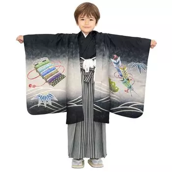 Комплект кимоно хакама для мальчиков 5 лет, черный шлем Ewa [KYOETSU] Shichi-Go-San (8-Черный (Полоски хакама))