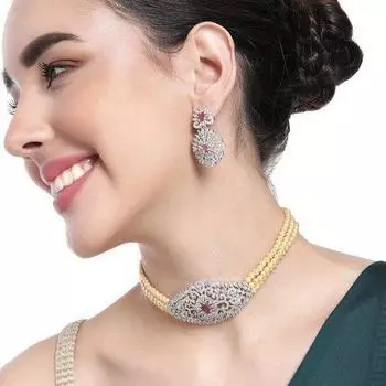 Комплект колье-чокера Estele с родиевым покрытием и зачарованным жемчугом CZ для женщин