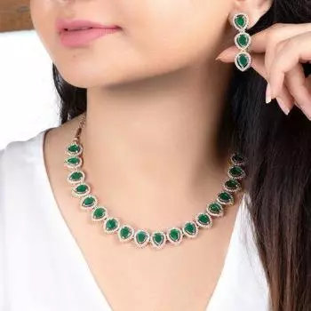 Комплект колье Estele из розового золота с цирконами и драгоценными грушами с зелеными кристаллами для женщин