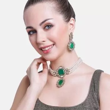 Комплект колье Estele Stunning Emerald and Kundan с жемчугом для женщин