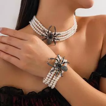 Комплект колье с паучьим жемчугом в европейском и американском готическом стиле: Многослойное ожерелье из бисера в темном стиле Bracelet 2719 белый