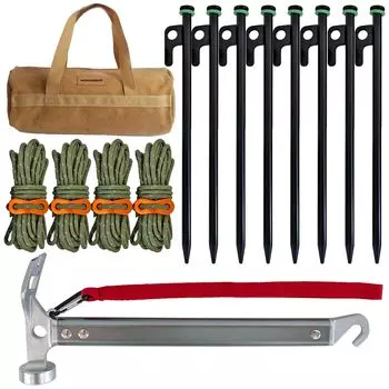 Комплект колышков для палатки Monpiens Heavy Duty, 8 стальных колышков, 13 футов светоотражающей ткани и сумка для хранения для пешего туризма - (10 дюймов), молоток, веревка, регулятор,