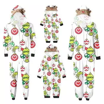 Комплект комбинезона на молнии с капюшоном и длинными рукавами для всей семьи с рождественским принтом 18 M