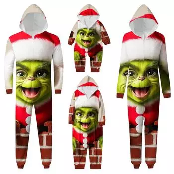 Комплект комбинезона на молнии с капюшоном и длинными рукавами для всей семьи с рождественским принтом 6 M