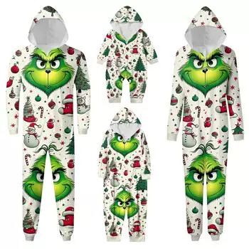Комплект комбинезона на молнии с капюшоном и длинными рукавами для всей семьи с рождественским принтом 9 M