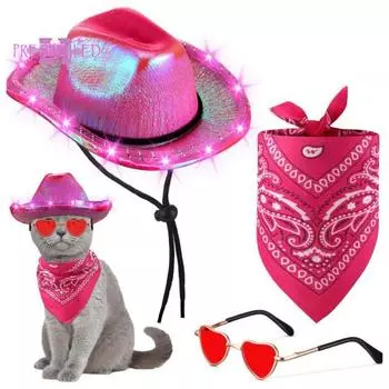 Комплект костюмов для домашних животных в ковбойском стиле: глянцевая шляпа со светодиодной подсветкой, шарф с линзами в форме сердца, накидка на шею на шнуровке, набор реквизита для косплея кошек и собак розовый