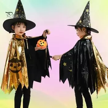 Комплект костюмов на Хэллоуин, детский плащ, шляпа волшебника, комплект с луной, звездой и тыквой, костюм волшебника, вечерние костюмы для косплея, наряд для выступлений золотистый/чёрный