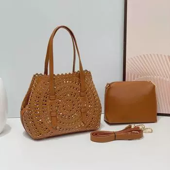 Комплект кожаных сумок-тоут с несколькими отделениями и перфорированным дизайном серебряный