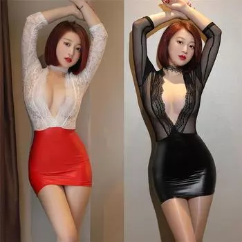 Комплект кружевной кожаной юбки, сексуальное нижнее белье, сексуальная набедренная повязка, униформа для ночного клуба, модель автомобиля, маленькая грудь, комплект нижнего белья для взрослых One size [suitable for 80-60kg]
