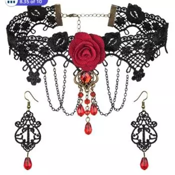 Комплект кружевных украшений на Хэллоуин с красными розами и кристаллами, винтажное ожерелье и серьги, комплект из 3 предметов