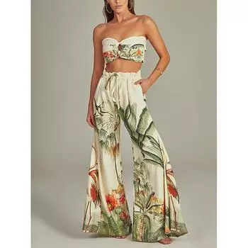 Комплект купальника бандо на шнуровке с цветочным принтом и длинными брюками Small