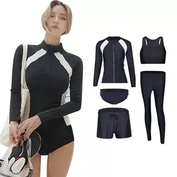 Комплект купальника для фитнеса YFMAYI с рашгардом, длинным и УФ-защитой, амфибийный, женский, 5 предметов, защита, шорты, танкини, рукава, леггинсы,