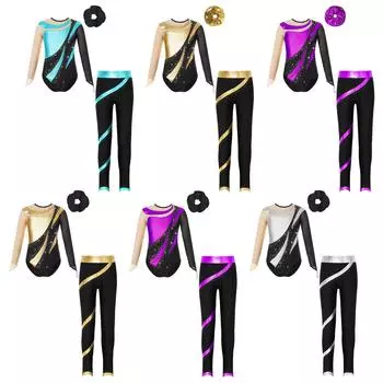 Комплект купальника для танцев со стразами для девочек, длинный рукав, вырез на спине, эластичные штаны и повязка для волос для гимнастических выступлений 5-6 Years чёрный/золотой