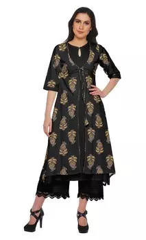 Комплект куртки Moomaya Indian Palazzo Kurta для женщин Праздничная одежда Chanderi Ethnic 2XL чёрный