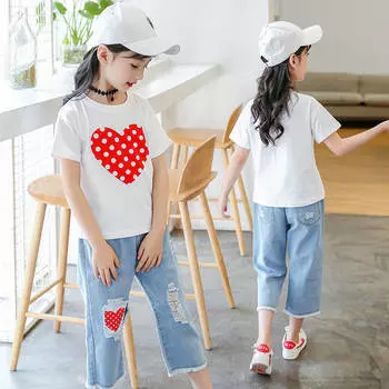 Комплект летней одежды для девочек, детская одежда для детей 6, 8, 10, 12 лет, костюмы для девочек, белая футболка и рваные джинсы 160 белый