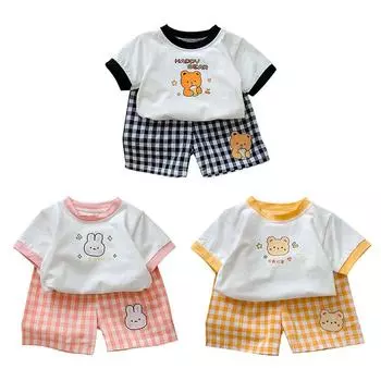 Комплект летней одежды для мальчиков и девочек 1–6 лет, футболка, топ и шорты в клетку, комплект из двух предметов с принтом мультяшных животных 100