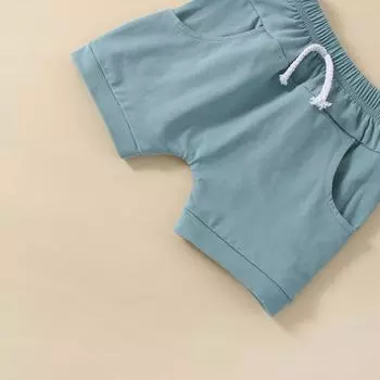 Комплект летней одежды для маленьких мальчиков, футболка с короткими рукавами и круглым вырезом в полоску с принтом + однотонные шорты с эластичной резинкой на талии 0-6 Months синий