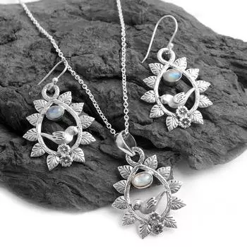 Комплект лунного камня, Комплект украшений с животными, Серебряный кулон, Серебряная серьга, Ювелирные изделия с драгоценными камнями серебряный