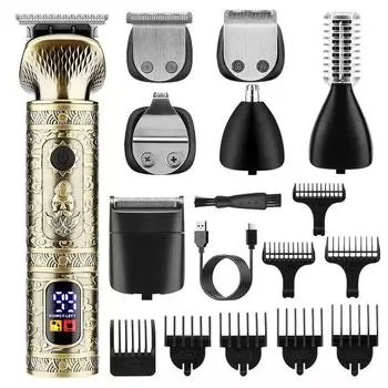 Комплект машинки для стрижки волос профессиональный 7-в-1 триммер для волос бритвы со светодиодным дисплеем металл золотой