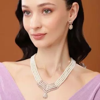Комплект мерцающего колье Estele RoseGold с жемчугом для женщин