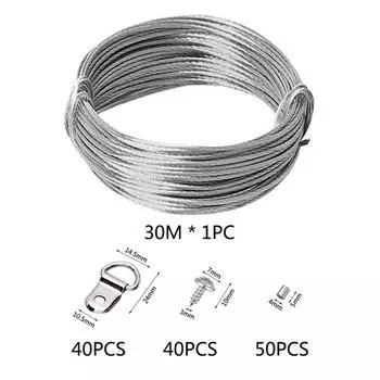 Комплект металлической проволоки для рамок для картин длиной 30 м с вешалками и обжимными гильзами. Комплект металлической проволоки для рамок и зеркал, 131 шт.