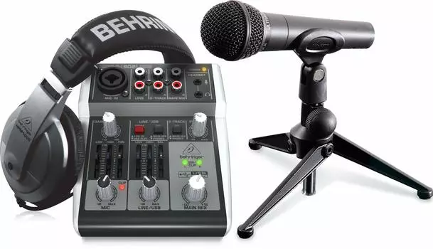 Комплект микшера Behringer PODCASTUDIO 2 с наушниками, микрофоном и USB-разъемом для прямого подключения к компьютеру для трансляции программ в прямом эфире