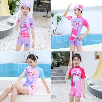 Комплект милого детского купальника для девочек, цельный купальник и шапочка для плавания L фиолетовый