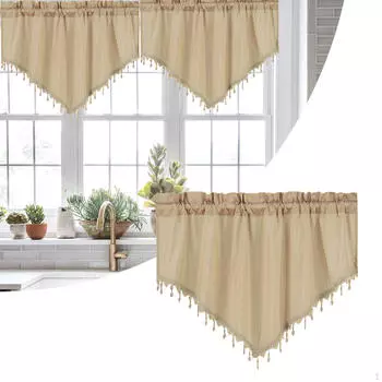 Комплект многоярусных штор в фермерском стиле с изящным декором в виде кисточек бежевый