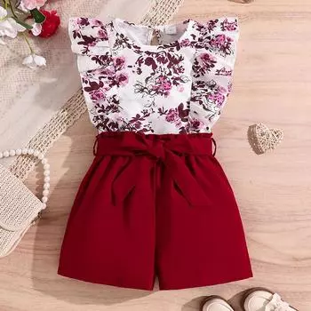 Комплект модной одежды для девочек, летний детский топ без рукавов с принтом, шорты, два комплекта 130cm=8Y красный