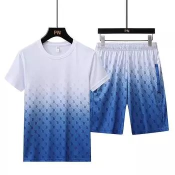 Комплект мужских свободных повседневных больших повседневных спортивных мужских капри из ледяного шелка, состоящих из двух частей, футболки с короткими рукавами M серый