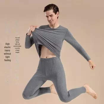 Комплект мужского термобелья из чистого хлопка - осенне-зимний термостойкий базовый слой, верх и низ XL (130-150 lbs) светло-серый