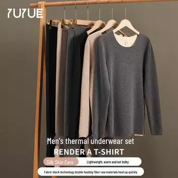 Комплект мужского термобелья Yuyue - 2024 Зима Тонкий, теплый, бесшовный круглый вырез, верх и низ autumn clothes, XXXL чёрный