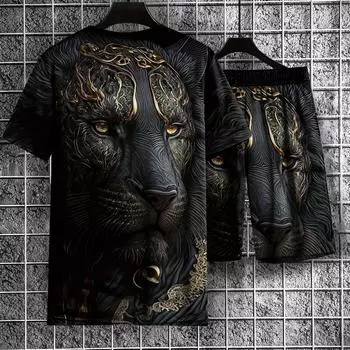 Комплект мужской летней одежды из 2 предметов с леопардовым принтом, напечатанный на 3D-принте S