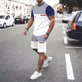 Комплект мужской одежды из 2 предметов в стиле колор-блок - стильная футболка с круглым вырезом и шорты на шнурке для летнего отпуска и тренировок - удобная повседневная одежда L